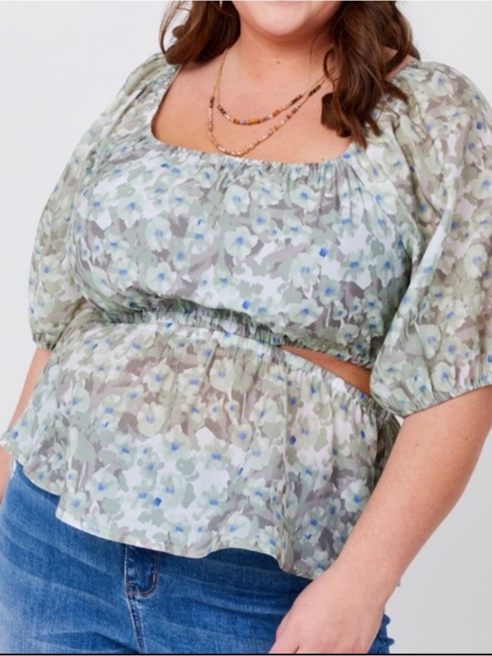 ARULA Olive Green Floral Puff Sleeve Blouse 1X